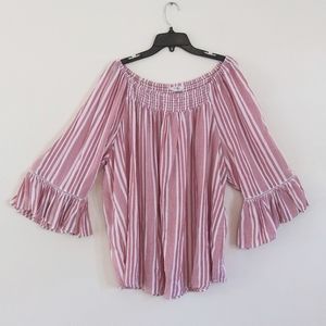 Soft boho tunic blouse Terra & Sky 2X faded red & white stripe long sleeve